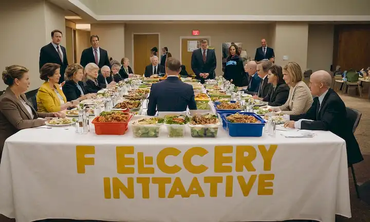 Un grupo de personas que se reúnen entre mesas y contenedores de alimentos en una mesa de conferencias, con el título de Iniciativa de Recuperación de Alimentos en grandes cartas. El marcador dice: ...construyendo un futuro sostenible.