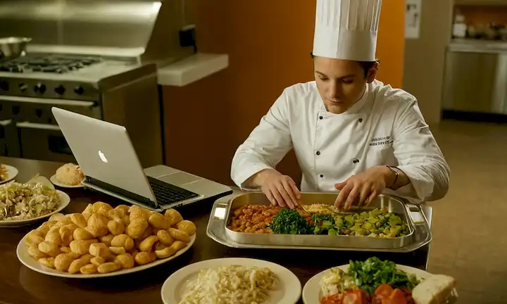 Una persona que lleva un sombrero de chefs escribiendo en un portátil mientras que una bandeja llena de comida se muestra entre las opciones. Esta breve descripción parece ser sobre transparencia y equidad en la toma de decisiones relacionadas con la gestión de alimentos o hogares, inspirada en la iniciativa mencionada. Tenga en cuenta que esta interpretación se basa puramente en el extracto de texto proporcionado sin realizar más investigaciones ni consultar el contenido de obras originales.