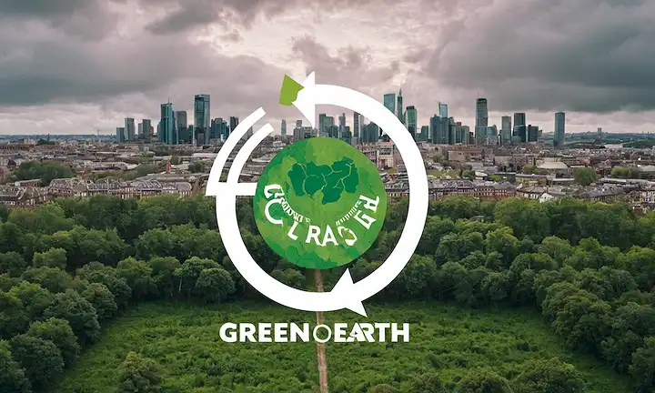 A group of people involved in reversing food waste through sustainability initiatives. Una tierra verde rodeada de nubes y edificios, con un símbolo circular en la esquina, lo que significa prácticas y soluciones ecológicas.