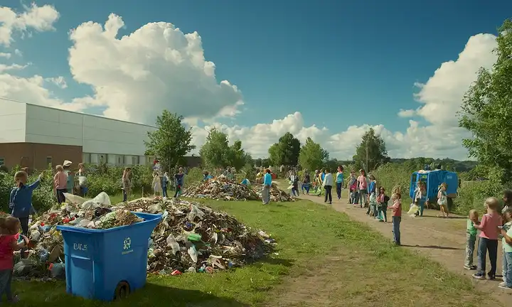 3D instalaciones de gestión de residuos con máquinas de reciclaje, gente clasificando basura, vegetación y cielo azul, Tierra desde el espacio en el fondo, niños sonrientes con materiales reciclados, dispositivos tecnológicos innovadores, nubes mínimas de contaminación