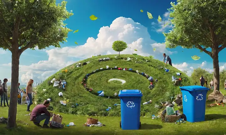 Tierra 3D, reciclaje de símbolos girando alrededor de ella, vegetación creciendo a partir de materiales reciclados, personas clasificando desechos en contenedores, cielos azules y nubes, paisaje de impacto humano mínimo, sutiles indicios de contaminación en el fondo, equilibrio armónico entre la naturaleza y elementos hechos por el hombre