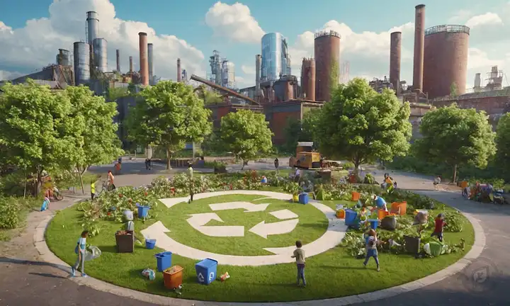 3D rendering of recycling symbols, surrounded by vibrant greenery, with a cityscape or factory in the background, depicting people sorting materials, children playing amidst recyclables, and a sutil hint of a planeta Earth or Globe in the distance, all blending harmonyly together