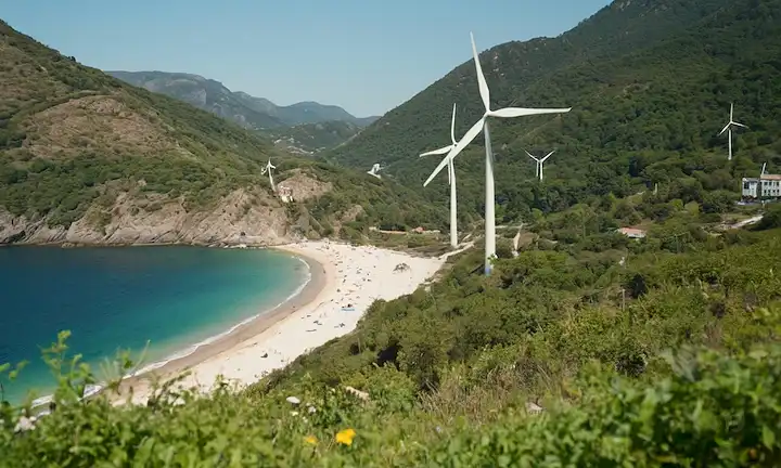 2-3 turbinas eólicas en un entorno ambiental diverso, como un día soleado en la playa, el paisaje montañoso o urbano con símbolos de reciclaje, vegetación y agua, posiblemente con humanos trabajando juntos, destacando el futuro sostenible