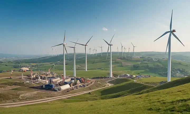 Turbinas eólicas en una ladera, cuchillas desgastadas, torres rotas, instalaciones de reciclaje en el fondo, grúas levantando partes de turbina, un mapa que muestra ubicaciones globales de parque eólico, personas trabajando juntas para desmantelar turbinas, un futurista paisaje urbano con infraestructura de producción de energía verde, una sola turbina eólica siendo levantada por un imán gigante