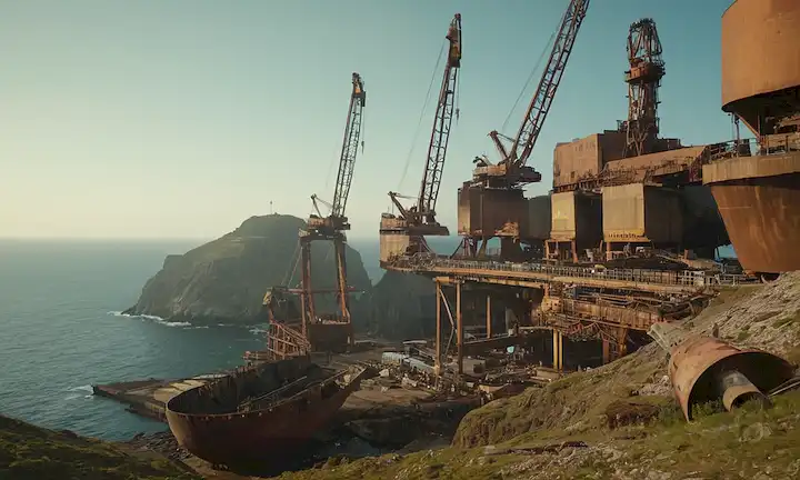 Turbinas eólicas desmanteladas en un acantilado costero, naves hundidas con cuchillas de turbina retorcidas, instalaciones de reciclaje con líneas y máquinas de clasificación, engranajes gigantes fusionados como piezas de rompecabezas, grúas levantando piezas de metal pesado en contenedores, turbinas oxidadas que se funden en un paisaje post-apocalíptico
