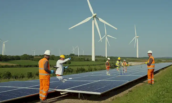 turbinas eólicas desmontadas, trabajadores en cuchillas de manejo de engranajes de seguridad, instalaciones de reciclaje de fondo, paisaje verde con tema de energía renovable, concepto de futuro sostenible, ciclo ecológico, potencial de crecimiento de la industria, enfoque de energía limpia