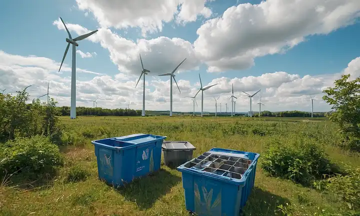 Un paisaje de granja eólica con turbinas en varias etapas de desmontaje, cuchillas de elevación de grúas y cuchillas de reciclaje en primer plano, en medio de un cielo azul con nubes blancas, con vegetación alrededor de la escena, destacando la conexión entre la naturaleza y la sostenibilidad, y mostrando una fuente de energía limpia y responsable