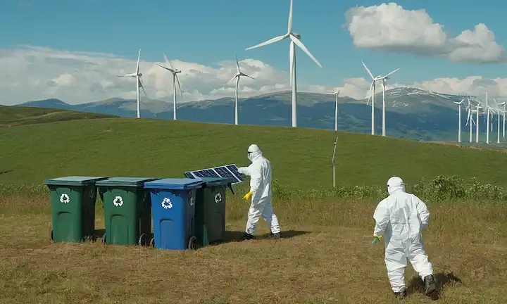 3 turbinas eólicas siendo recicladas, personas en trajes de novato recolectando materiales, fondo verde, paneles solares cargando, reciclando contenedores que rebosan con partes de turbinas, cielos azules con nubes, montañas a distancia