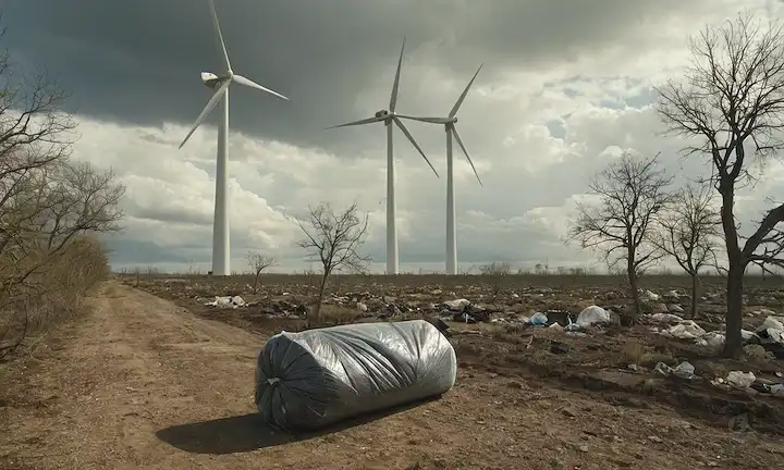 Una turbina eólica con una enorme bolsa de basura envuelta alrededor de sus cuchillas y cuchillas, junto a un paisaje de tierras desoladas, con nubes llenas de contaminación en el fondo, en medio de paneles solares y árboles que luchan por crecer