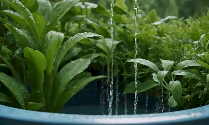 Caídas de agua cayendo en una cuenca, rodeada de vegetación exuberante, con un tono azul sutil en el fondo que representa la conexión de aguas con el cielo, destacando la importancia de reciclar y preservar este precioso recurso para las generaciones futuras