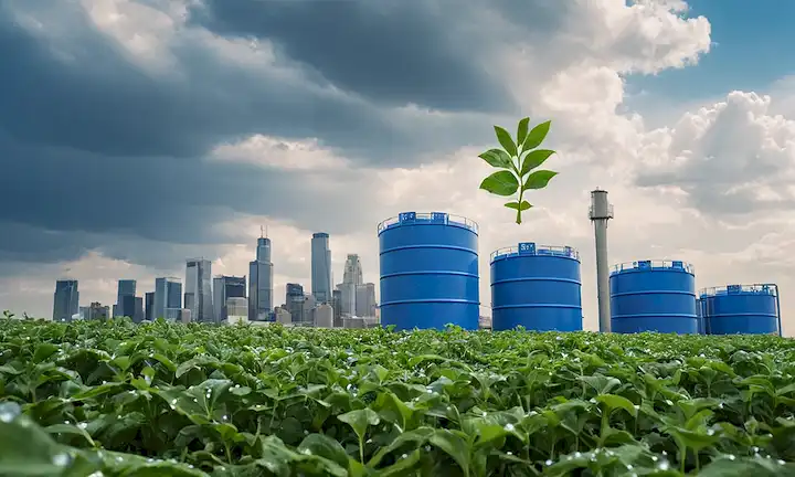 gotas de agua, símbolo de reciclaje, filtro azul, tanque de agua, proceso circular, plantas verdes, paisaje urbano, nubes, y un signo de advertencia de sequía sutil