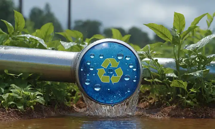 gotas de agua, símbolo de reciclaje, ondas de agua azul, vegetación, tuberías industriales, engranajes giratorios, paneles solares brillantes, recogida de agua de lluvia, acueductos que fluyen, tierra encalada, y un toque de rayos del sol que atraviesa nubes