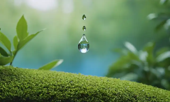 Una gota de agua suspendida en medio del aire, rodeada de vegetación exuberante, con una sutil niebla azul y blanca en el fondo, mostrando una refrescante escena de oasis con toques de belleza natural