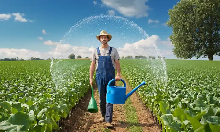 Un agricultor que sostiene una lata de riego, frente a un exuberante campo verde con cultivos, rodeado de símbolos de reciclaje, con gotas de agua y hojas entrelazadas, contra un cielo azul brillante, representando la agricultura y el reciclaje