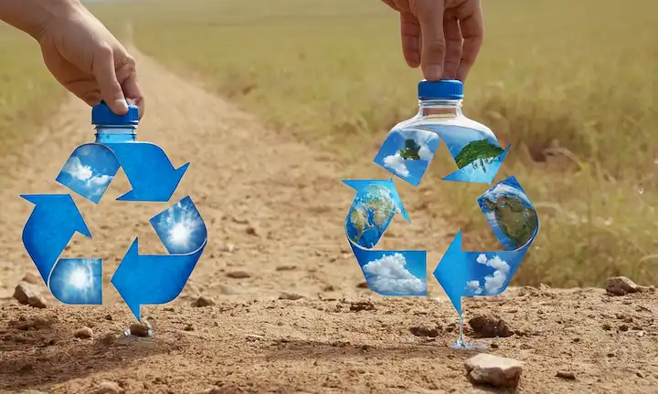 gotas de agua suspendidas en aire, símbolo de reciclaje, planeta azul Tierra, paisaje asolado por sequía, electrodomésticos eficientes en el agua, gente sonriente que sostiene botellas de agua