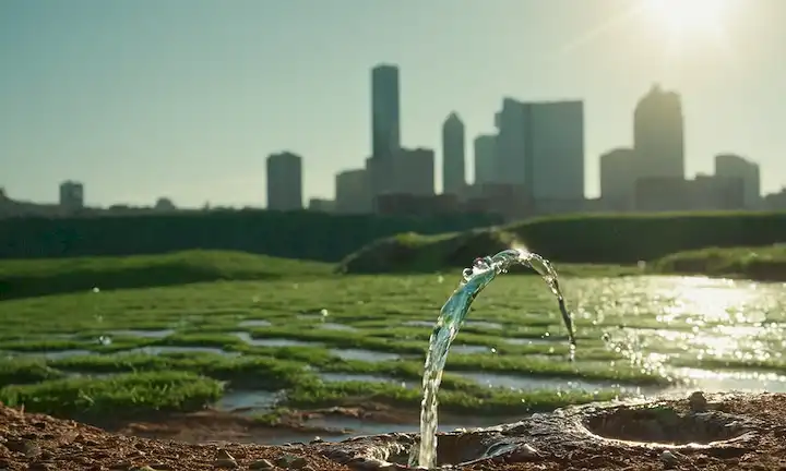 gotas de agua suspendidas en el aire, símbolo de reciclaje, canales de agua o tuberías, paisaje asolado por sequía, mango ve<center><img decoding=