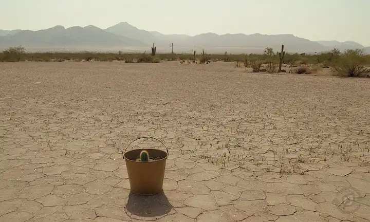 una cama de lagos secos con tierra agrietada, vegetación escasa, y unos pocos cactus esparcidos, rodeados de colinas estériles, un paisaje urbano a la distancia con edificios de color grisáceo, un toque de polvo o escobilla en el aire, un pequeño grupo de personas (niños o adultos) se reunieron alrededor de una fuente de agua (panel o riego), tal vez una imagen débil de un paisaje empapado reflejado en un espejo roto