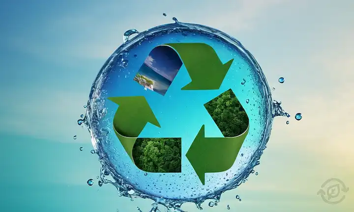 gotas de agua cayendo en un símbolo de reciclaje circular, en medio de tonos azules y verdes que representan agua y naturaleza, con ondas sutiles en el fondo, rodeado de formas geométricas minimalistas, que transmiten sostenibilidad y esperanza para el futuro