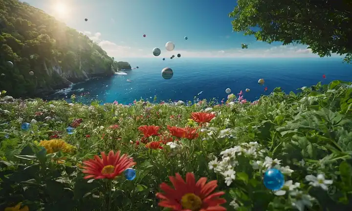 iconos plásticos reciclables 3D flotando en medio de un fondo marino azul sereno, con un sistema solar sutil o planeta a la distancia, rodeado de vegetación exuberante y flores vibrantes, simbolizando un equilibrio armónico entre la naturaleza y la innovación humana