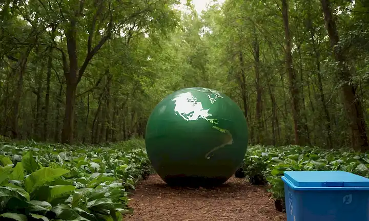 contenedores de plástico 3D, símbolos reciclables, contenedores de reciclaje, residuos de plástico, globo terrestre, vegetación, árboles, clasificaciones de manos de plástico, logo de reciclaje, iconos para diferentes tipos de plástico, flechas circulares que indican reutilizabilidad