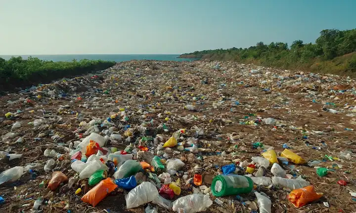Proceso de producción de plástico 3D, contaminación de fábrica, plástico fundido, símbolo de reciclaje, residuos de plástico en los océanos, animales afectados, paisaje de vertederos, instalaciones de reciclaje de plásticos, transformación de plástico a materias primas, futuro verde sostenible con un pequeño logotipo de reciclaje