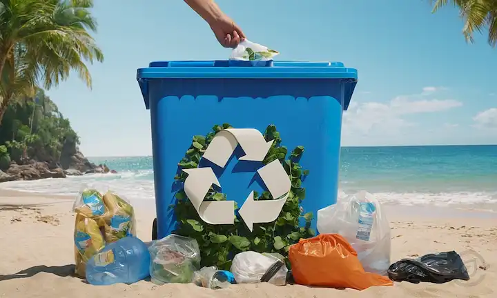 Símbolo de reciclaje 3D, desechos plásticos, océanos, contaminación, contenedores de reciclaje, clasificación de personas, manos con materiales reciclables, tierra, vegetación, sol, cielo azul, olas que chocan, criaturas marinas, limpieza de la playa, participación comunitaria, esfuerzos de conservación, futuro sostenible