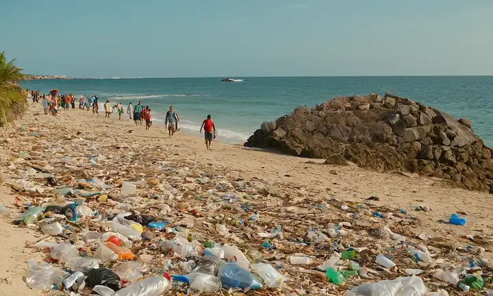 vertedero con desperdicios plásticos desbordantes, vida marina en peligro atrapada en escombros plásticos, botellas de plástico y bolsas que encienden una playa desbordante, vías fluviales contaminadas, gente clasificando reciclables de basura, contenedores de reciclaje que rebosan con materiales ordenados, niños que sostienen las manos recolectando desechos plásticos en una limpieza callejera