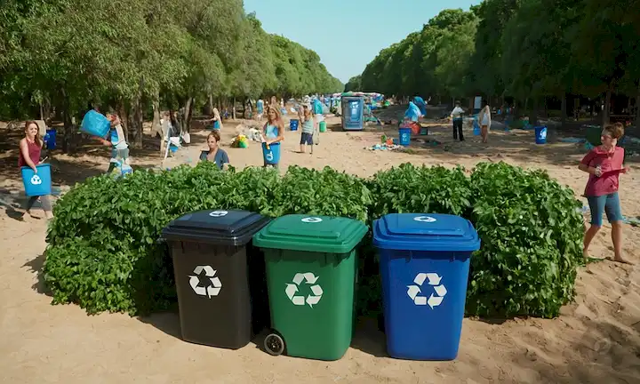 3D Tierra desde el espacio con el reciclaje de símbolos superpuestos, contenedores de reciclaje llenos de artículos plásticos, gente sonriente rodeada de vegetación, paisaje urbano con cielo azul, árboles con signos de reciclaje, limpieza de la playa en progreso, estadísticas de reducción de residuos visuales