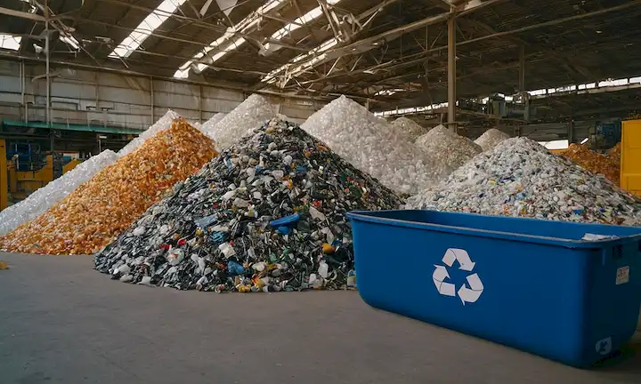 Instalación de reciclaje de plástico 3D, símbolos de reciclaje, residuos plásticos ordenados por tipo, procesos de fusión y reforma, diversos productos plásticos reciclados, tema de economía circular, concepto de futuro sostenible
