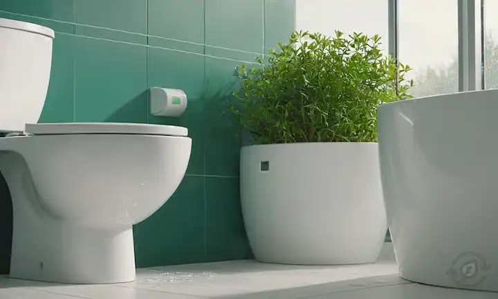2 cuencos de baño, gotas de agua cayendo de uno a otro, un dispositivo de ahorro de agua instalado entre ellos, con una pequeña planta verde creciendo cerca, en un entorno de baño brillante y moderno, con un gradiente de color de fondo sutil