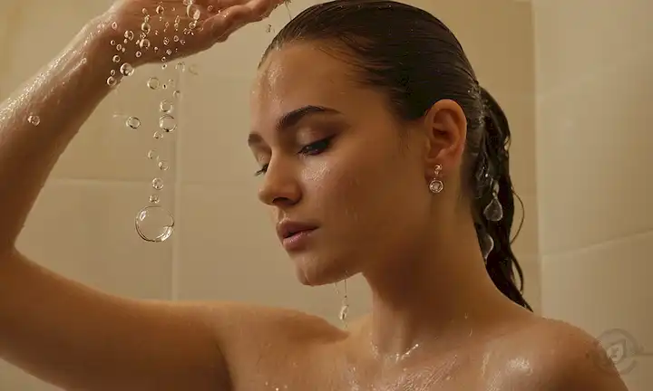 mujer, ducha, gotas de agua, burbujas de jabón, agua corriente, aerosoles, caída de gotas, botella de mano