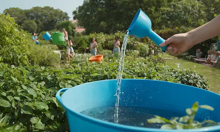 gotas de agua que caen de un cielo azul, personas que sostienen latas de riego, símbolos de reciclaje en medio de vegetación, grifos de goteo con burbujas de jabón, piscinas rodeadas de exuberantes jardines, una rama de árboles con hojas formadas como ondas de agua, una persona con una jarra de filtro de agua, una playa con líneas de costa sin basura, y un día soleado sin contaminación