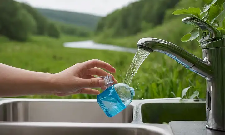 gotas de agua cayendo en un fregadero, una persona que sostiene un vaso con una pequeña cantidad de agua, un cabezal de ducha con opción de bajo flujo resaltado, un contenedor de reciclaje con botellas de agua dentro, un paisaje verde con unos pocos árboles y un río que fluye a través de él, una persona que bebe de una botella de agua reutilizable, un grupo de personas que regalan plantas juntas