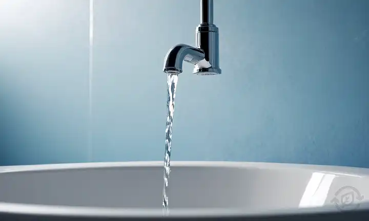 Grifos eficientes en el agua, gotas de agua cayendo, fluyendo a través de tuberías, fondo minimalista, colores azules y blancos, atmósfera calmante, sombras sutiles, sin distracciones visuales