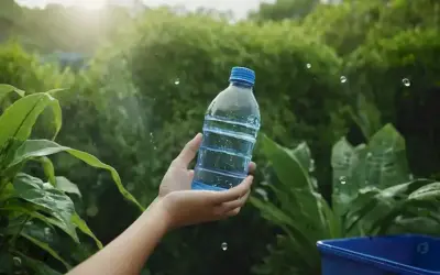 Una persona que sostiene una botella de agua con gotitas que caen de ella