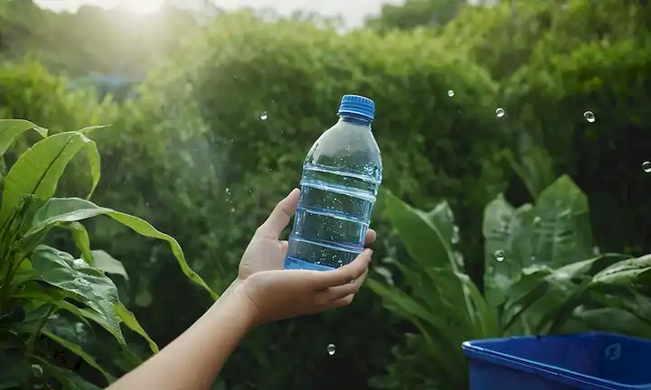 Una persona que sostiene una botella de agua con gotitas que caen de ella