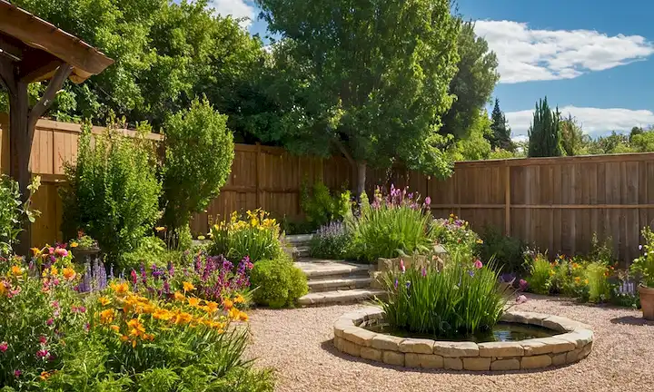 Un exuberante jardín verde con un pequeño estanque o fuente, dispositivos de ahorro de agua tales como sistemas de reutilización de aguas grises, barriles de lluvia y controladores de riego, una mezcla de plantas y flores resistentes a la sequía, unas cuantas aves y abejas volando alrededor para representar la sostenibilidad, un cielo soleado con algunas nubes para evocar la idea de lluvia, una piedra natural o cerca de madera en el fondo