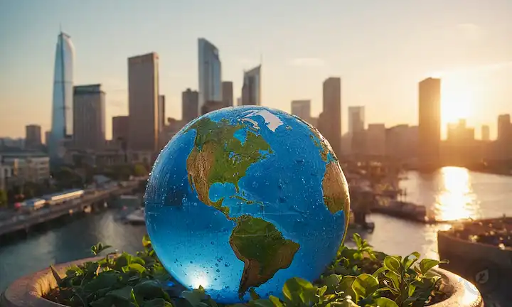 globo 3D con gotitas de agua azules, dispositivos de ahorro de agua, plantas de riego, un<center><img data-lazyloaded=