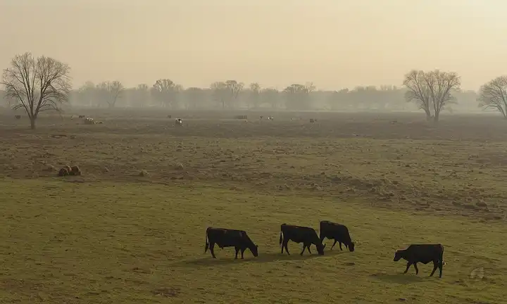 campos de pastoreo de ganado bajo un cielo novato, árboles desnudos, vías de agua contaminadas, nubes de polvo y humo, paisajes desolados, granjas ganaderas de estilo fábrica, sobregrazamiento, erosión, descuido, daño a la vida silvestre, impacto del cambio climático