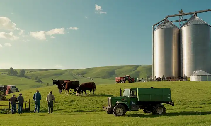 Farm animals grazing in a green pasture with a hint of industrial-scale agricultural equipment in the background, possibly a large silo or machinery shed; farm workers in overalls and protective gear inspecting animal health or food operations; rural landscape with rolling mountains and some forestry in the distance, potentially representing sustainable land use practices