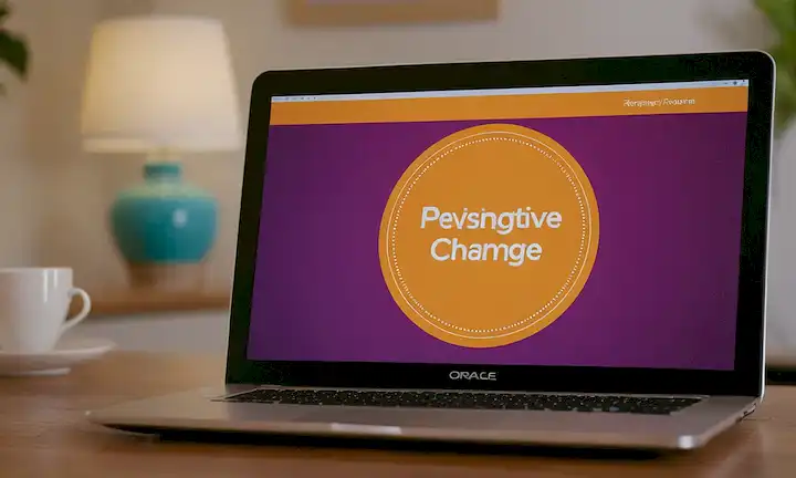 Pantalla de computadora portátil que muestra un mensaje de cambio positivo con el logotipo de Reinventa-Technology y estilizado 1.0 que representa a Oracle promoviendo la inclusión de mujeres en STEM.