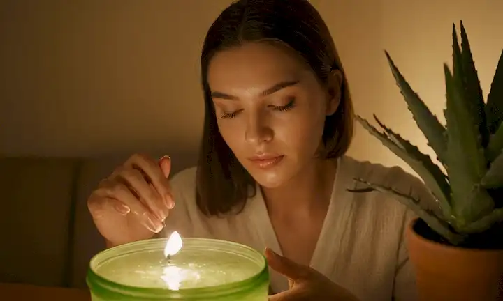 Mujer calmando su piel con gel de aloe vera aplicado a través de una olla pequeña y mosquitos cercanos zumbando alrededor.