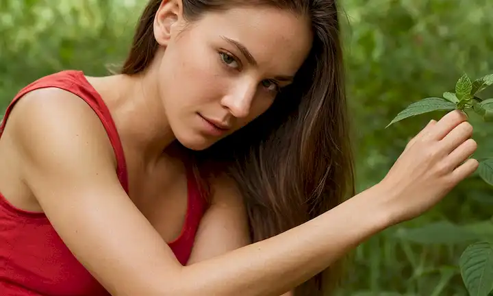 Una mujer rascándose el brazo con una picadura de mosquitos en el fondo, rodeada de remedios naturales.
