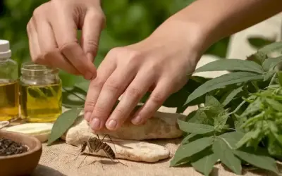 Una persona que rasca una picazón de mosquito mientras está rodeada de ingredientes de remedio natural.