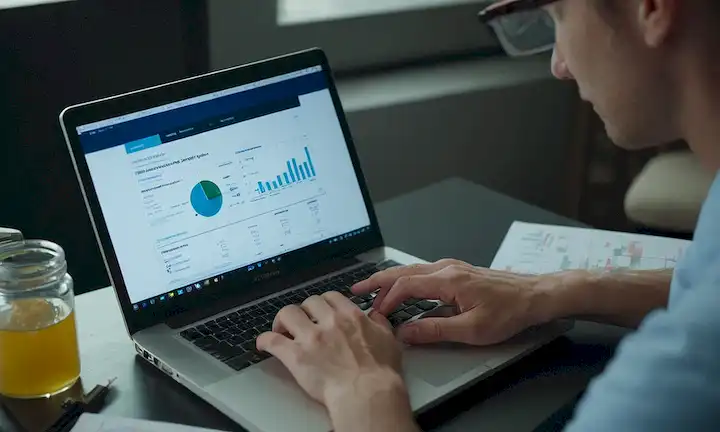 Researcher analyzing mosquito bite remedies data on laptop surrounded by statistics and case studies.