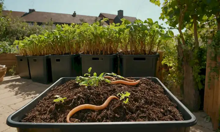 Cubos de compost rebosante de residuos orgánicos, vegetación vibrante brotando del suelo, un gusano de tierra sonriente en primer plano, fibras naturales tejidas en canastas, árboles frutales que florecen en el fondo, sol brillando, hoja litro y ramitas dispersadas alrededor, un toque de labranza del jardín urbano
