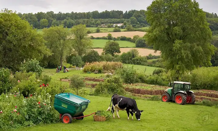 Un jardín con flores vibrantes, un agricultor coleccionando hojas, una vaca munching en heno, árboles que dan fruto, un tornero que trabaja en un campo, un símbolo de reciclaje, un cubo de compost que rebosa con vegetación, una persona que sostiene una canasta de productos frescos, un paisaje con vegetación diversa