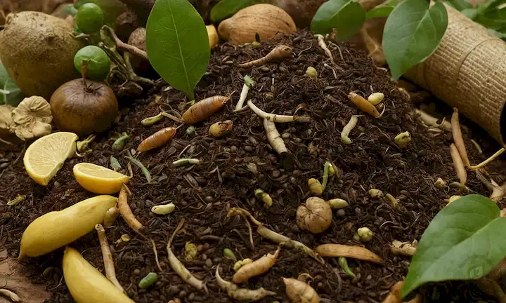 Marrones y verdes mezclados, tonos terrenales dominantes, materiales orgánicos amontonados, gusanos o insectos presentes, entorno natural, hojas, ramas, sobras de alimentos, residuos de jardín, peels frutales, bolsas de té, café