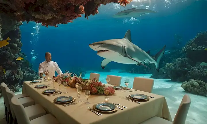 Un chef que sirve una lujosa cena submarina a un tiburón, rodeado de coral y vida marina a una profundidad de 15 pies.