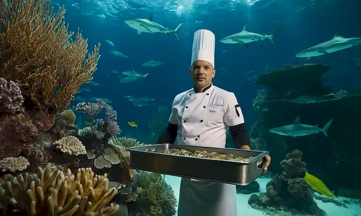 Un chef en equipo de buceo con una bandeja cerca de un acuario de tiburones, rodeado de plantas submarinas.